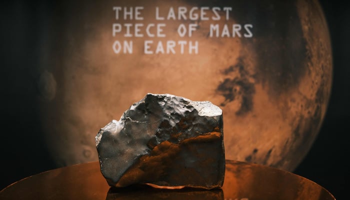 The 54-pound Martian meteorite NWA 16788, the largest known piece of Mars ever discovered on Earth, is displayed during a Sothebys auction preview in New York on July 15, 2025. — AFP