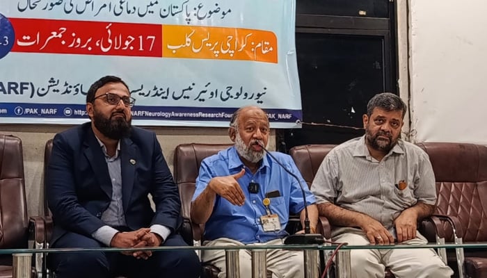 Neurology Awareness and Research Foundation President Dr Muhammad Wasay (centre) along with NARF General Secretary Dr Abdul Malik (right) and leading neurologist Dr Wajid Jawaid addressing a press conference at Karachi Press Club on occasion of World Brain Day on July 17, 2025. — Reporter